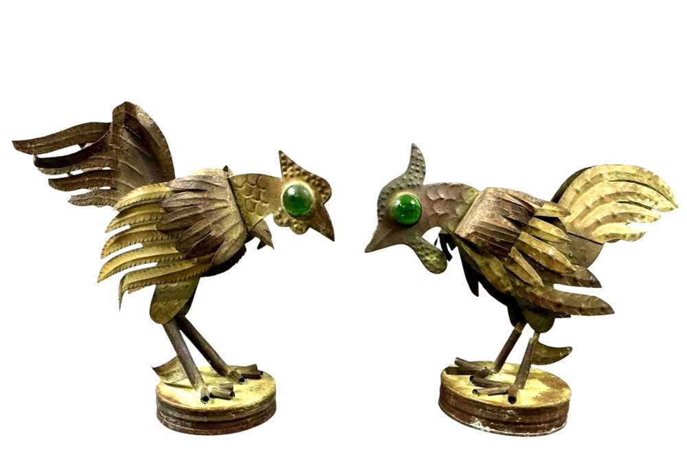 Vintage MCM Tin Metal Roosters Green Glass Eyes Brutalist Style Mid Century